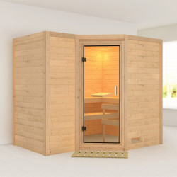 Sauna traditionnel 38mm 5 à 6 places Sahib 2 sans couronne - avec porte en verre clair KARIBU