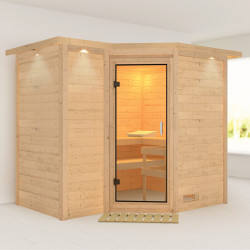 Sauna traditionnel 38mm 5 à 6 places Sahib 2 avec couronne et porte en verre clair KARIBU