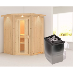 Sauna traditionnel d'angle LARIN - 3 à 4 places - 68mm - poêle a ctrl intégré - couronne - porte à économie d'énergie KARIBU