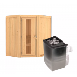 Sauna traditionnel d'angle TAURIN - poêle a ctrl intégré - 2 à 3 places - 68mm sans couronne - porte à économie d'énergie KARIBU