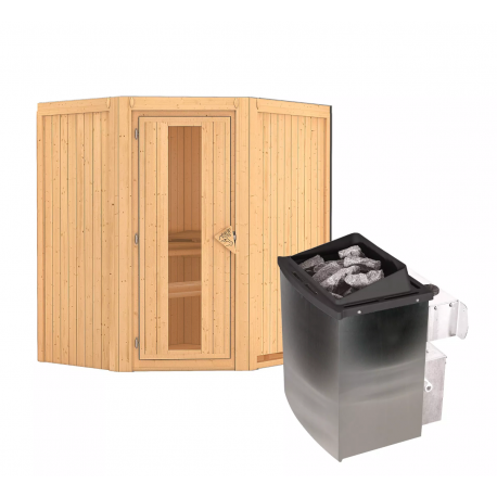 Sauna traditionnel d'angle TAURIN - poêle a contrôle intégré - porte à économie d'énergie KARIBU