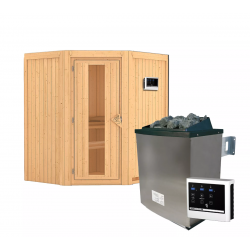 Sauna traditionnel d'angle TAURIN - poêle a contrôle externe 2 à 3 places 68mm sans couronne - porte à économie d'énergie KARIBU