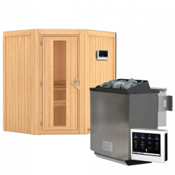 Sauna traditionnel d'angle TAURIN - poêle Easy Bio 9000W 2 à 3 places 68mm - sans couronne - porte à économie d'énergie KARIBU