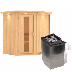 Sauna traditionnel d'angle TAURIN - 2 à 3 places - 68mm - poêle avec ctrl intégré - couronne - porte à économie d'énergie KARIBU