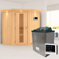 Sauna traditionnel d'angle TAURIN - poêle avec ctrl externe - 2 à 3 places - 68mm - couronne - porte à économie d'énergie KARIBU