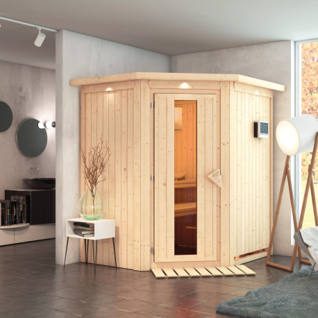 Sauna traditionnel d'angle TAURIN - avec poêle Easy Bio 9000W - porte à économie d'énergie KARIBU