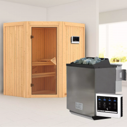 Sauna traditionnel d'angle TAURIN - 2 à 3 places - 68mm - poêle Easy Bio 9000W - sans couronne - porte classique KARIBU
