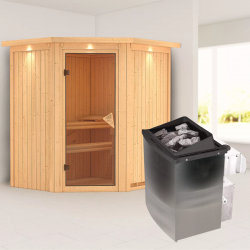Sauna traditionnel d'angle TAURIN - poêle avec ctrl intégré - 2 à 3 places - 68mm - couronne et porte classique KARIBU