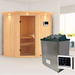 Sauna traditionnel d'angle TAURIN - poêle avec ctrl externe - 2 à 3 places - 68mm - couronne - porte classique KARIBU