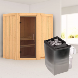 Sauna traditionnel d'angle TAURIN - poêle avec ctrl intégré - 2 à 3 places - 68mm - sans couronne - porte moderne KARIBU