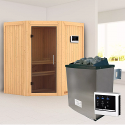 Sauna traditionnel d'angle TAURIN - poêle avec ctrl externe - 2 à 3 places - 68mm sans couronne - porte moderne KARIBU