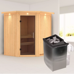 Sauna traditionnel d'angle TAURIN - poêle avec ctrl intégré - 2 à 3 places - 68mm - couronne - porte moderne KARIBU