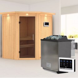 Sauna traditionnel d'angle TAURIN - poêle Easy Bio 9000W - 2 à 3 places - 68mm - couronne - porte moderne KARIBU