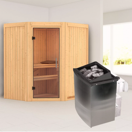 Sauna traditionnel d'angle TAURIN 2 à 3 places 68mm - poêle avec contrôle intégré - porte en verre clair - KARIBU