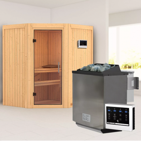 Sauna traditionnel d'angle TAURIN 2 à 3 places 68mm avec poêle Easy Bio 9000W - porte en verre clair - KARIBU