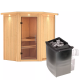 Sauna traditionnel d'angle TAURIN 2 à 3 places 68mm - poêle avec contrôle intégré - porte en verre clair - KARIBU 
