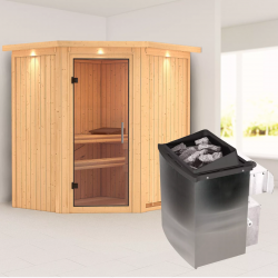 Sauna traditionnel d'angle TAURIN - 2 à 3 places - 68mm - poêle avec ctrl intégré - couronne - porte en verre clair KARIBU