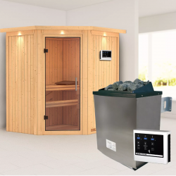 Sauna traditionnel d'angle TAURIN 2 à 3 places 68mm - poêle avec ctrl externe - couronne - porte en verre clair KARIBU