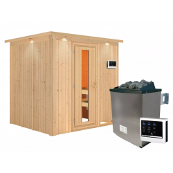 Sauna traditionnel SODIN 3 à 4 places 68mm - poêle avec ctrl externe - couronne - porte à économie d'énergie KARIBU