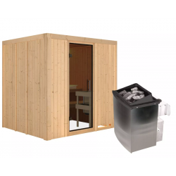 Sauna traditionnel SODIN 3 à 4 places 68mm - poêle 9000W ctrl intégré - sans couronne - porte moderne KARIBU