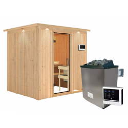 Sauna traditionnel SODIN 3 à 4 places 68mm - poêle 9000W ctrl externe - couronne - porte en verre clair KARIBU