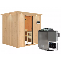 Sauna traditionnel SODIN 3 à 4 places 68mm - poêle Easy Bio 9000W - couronne - porte en verre clair KARIBU