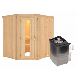 Sauna traditionnel d'angle SIIRIN 4 à 5 places 68mm - poêle 9KW ctrl intégré - sans couronne - porte à économie d'énergie KARIBU