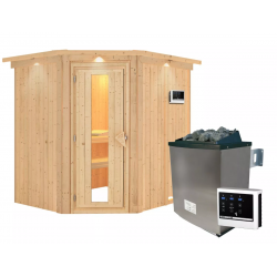 Sauna traditionnel d'angle SIIRIN 4 à 5 places 68mm - - poêle 9000W ctrl externe - couronne - porte à économie d'énergie KARIBU