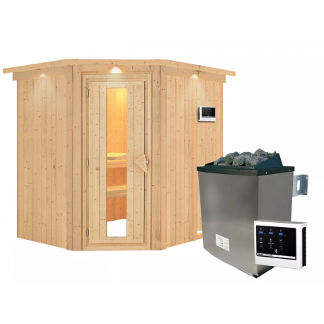 Sauna traditionnel d'angle SIIRIN - poêle 9000W ctrl externe - couronne - KARIBU