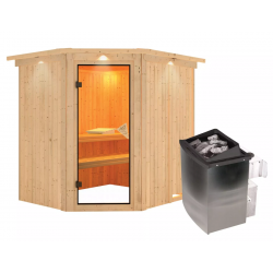 Sauna traditionnel d'angle SIIRIN 4 à 5 places 68mm - poêle 9000W ctrl intégré - couronne et porte classique KARIBU