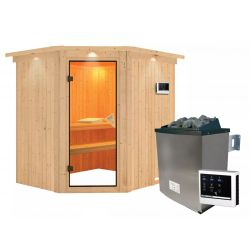 Sauna traditionnel d'angle SIIRIN 4 à 5 places 68mm - poêle 9000W ctrl externe - couronne et porte classique KARIBU
