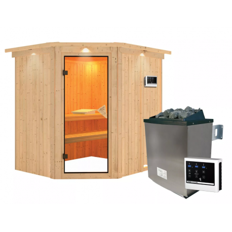 Sauna traditionnel d'angle SIIRIN - poêle 9000W ctrl externe - couronne - KARIBU