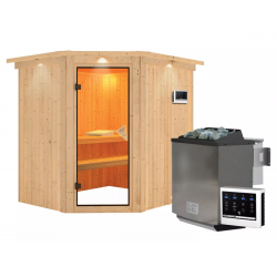 Sauna traditionnel d'angle SIIRIN 4 à 5 places 68mm - poêle Easy Bio 9000W - couronne et porte classique KARIBU