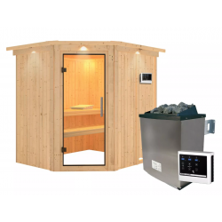 Sauna traditionnel d'angle SIIRIN 4 à 5 places 68mm - poêle 9000W ctrl externe - couronne - porte en verre clair KARIBU