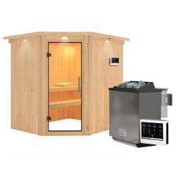 Sauna traditionnel d'angle SIIRIN 4 à 5 places 68mm - poêle Easy Bio 9000W - couronne - porte en verre clair KARIBU