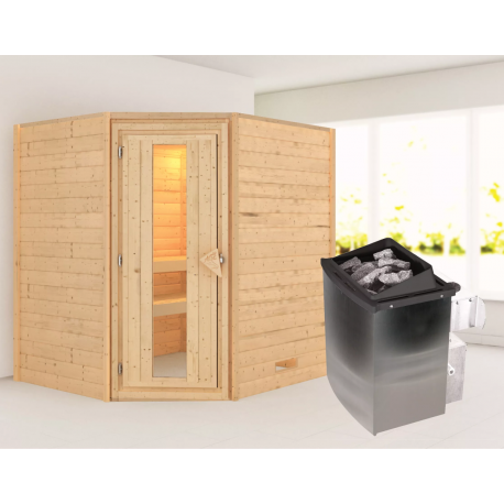 Sauna traditionnel d’angle Mia Plug &Play - 4 places - poêle 9KW ctrl intégré - sans couronne - porte éco d'énergie Woodfeeling