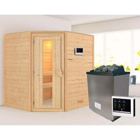 Sauna traditionnel d’angle Mia Plug &Play - 4 places - poêle 9KW ctrl externe - sans couronne - porte éco d'énergie Woodfeeling