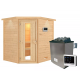 Sauna traditionnel d’angle Mia Plug &Play - 4 places - poêle 9KW ctrl externe - couronne - porte éco d'énergie Woodfeeling