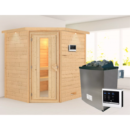Sauna traditionnel d’angle Mia Plug &Play - 4 places - poêle 9KW ctrl externe - couronne - porte éco d'énergie Woodfeeling