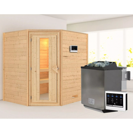 Sauna traditionnel d’angle Mia Plug &Play - 4 places - poêle Easy Bio 9000W - sans couronne - porte éco d'énergie Woodfeeling