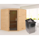 Sauna traditionnel d’angle Mia Plug &Play - 4 places 38mm - poêle 9KW ctrl intégré - sans couronne - porte moderne Woodfeeling
