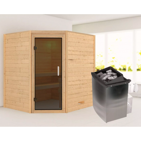 Sauna traditionnel d’angle Mia Plug &Play - 4 places 38mm - poêle 9KW ctrl intégré - sans couronne - porte moderne Woodfeeling