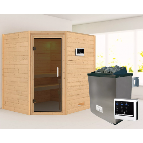 Sauna traditionnel d’angle Mia Plug &Play - 4 places 38mm - poêle 9KW ctrl externe - sans couronne - porte moderne Woodfeeling