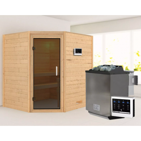 Sauna traditionnel d’angle Mia Plug &Play - 4 places 38mm - poêle Easy Bio 9000W - sans couronne - porte moderne Woodfeeling