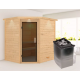 Sauna traditionnel d’angle Mia Plug &Play - 4 places 38mm - poêle 9KW ctrl intégré - couronne - porte moderne Woodfeeling