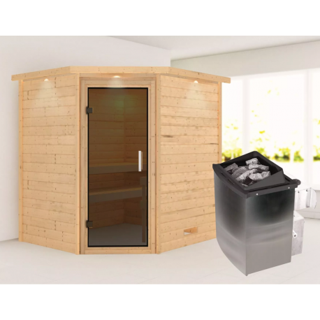 Sauna traditionnel d’angle Mia Plug &Play - 4 places 38mm - poêle 9KW ctrl intégré - couronne - porte moderne Woodfeeling