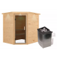 Sauna traditionnel d’angle Mia Plug &Play - 4 places 38mm - poêle 9KW ctrl intégré - couronne - porte moderne Woodfeeling