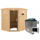 Sauna traditionnel d’angle Mia Plug &Play - 4 places 38mm - poêle 9KW ctrl externe - couronne - porte moderne Woodfeeling