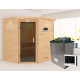 Sauna traditionnel d’angle Mia Plug &Play - 4 places 38mm - poêle 9KW ctrl externe - couronne - porte moderne Woodfeeling