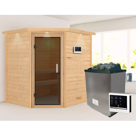 Sauna traditionnel d’angle Mia Plug &Play - 4 places 38mm - poêle 9KW ctrl externe - couronne - porte moderne Woodfeeling